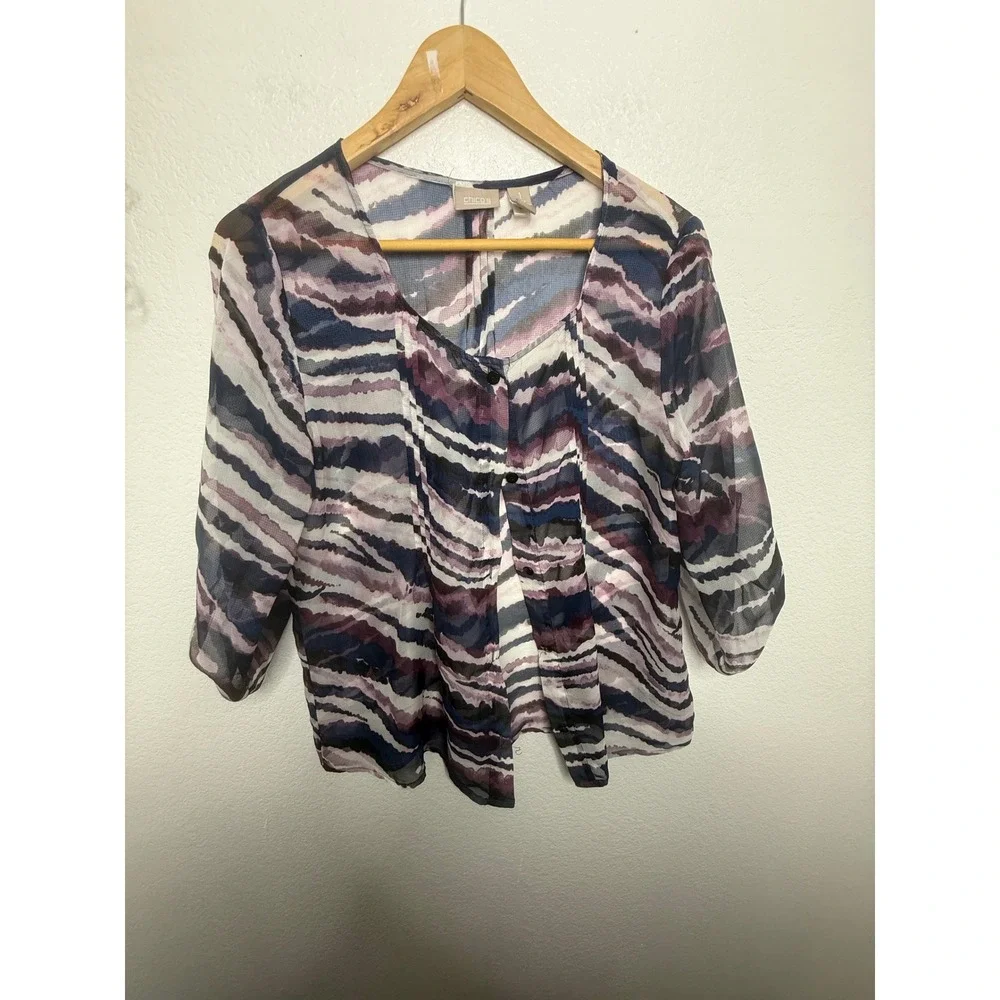 Chicos Women Size 1 Medium Abstract Stripe Sheer Mesh Button Front Blouse Purple